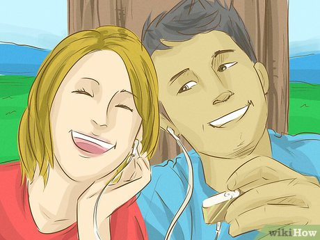 An illustration of a man and a woman sharing headphones and smiling together.