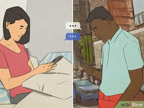 An illustration of two people messaging on their phones.
